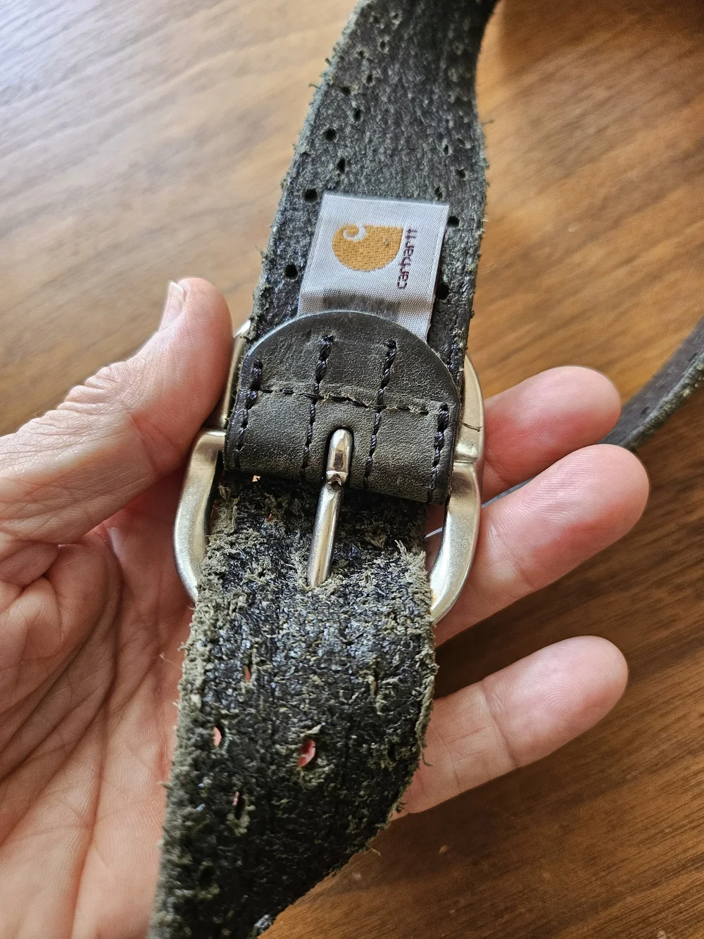 Men's Carhartt Charcoal Grey Perforated Leather Belt with Silver Buckle L